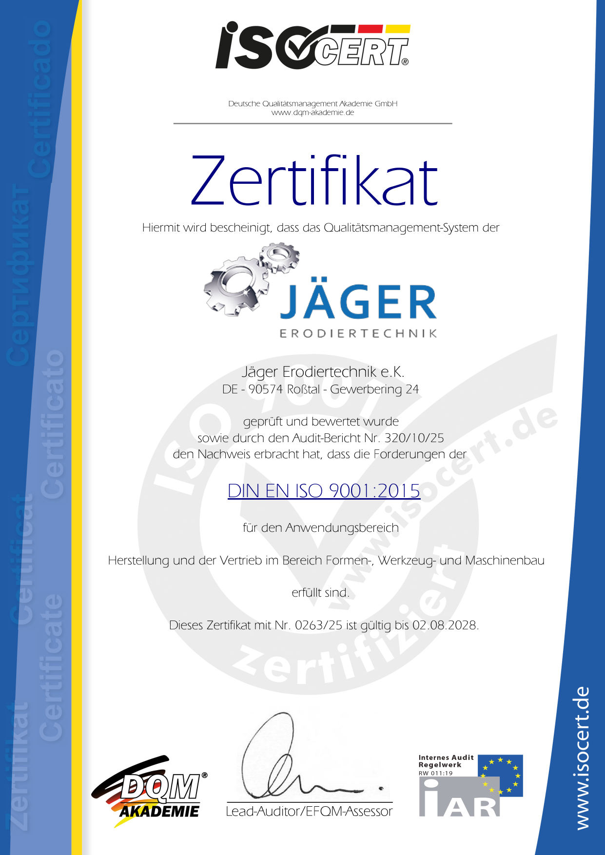 Zertifikat DIN EN ISO 9001:2015 der Jäger Erodiertechnik e.K., gültig bis 2028